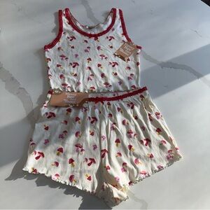 NWT Messy Bun Mushroom Print Lace Trim Sleep Shorts Tank Pajama Set Women’s L